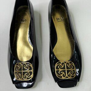 Impo Black Patent Flats 6.5M Gold Medallion Accent Comfort Wedge